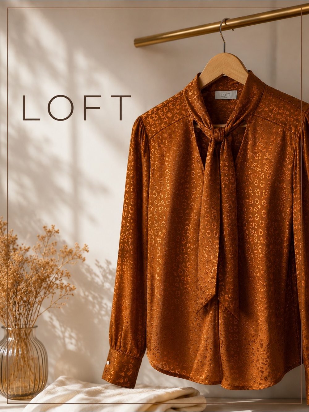 LOFT Outlet Leopard Jacquard Tie Neck Blouse Rust Women’s Small